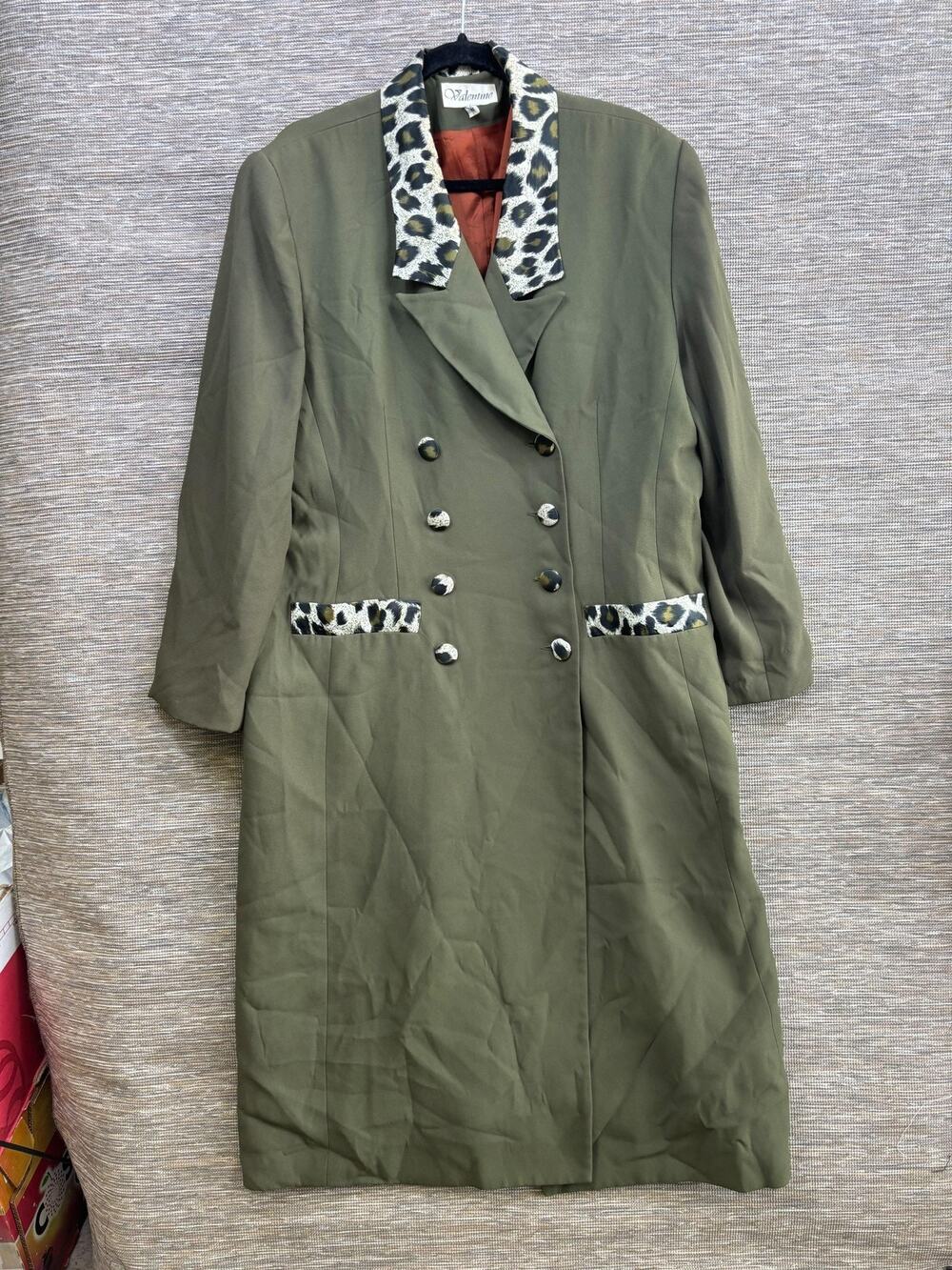 Vintage Valentine Coat Womens Size 18 Green Leopard Collar Button Long Overcoat